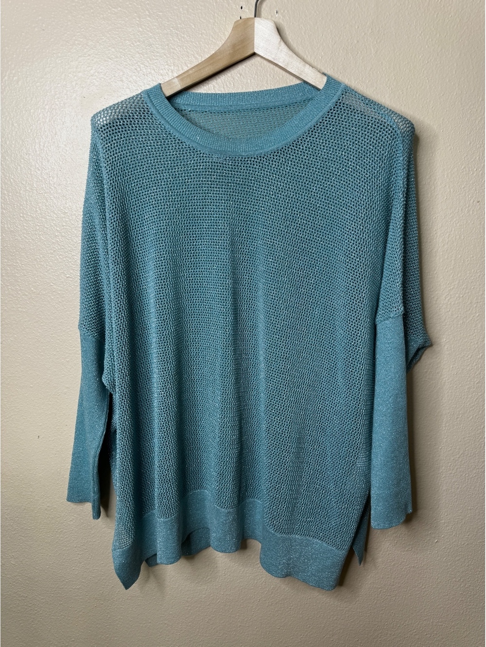 Planet by Lauren G OS Teal Metallic Open Knit Poncho Sweater Pima Cotton Modal